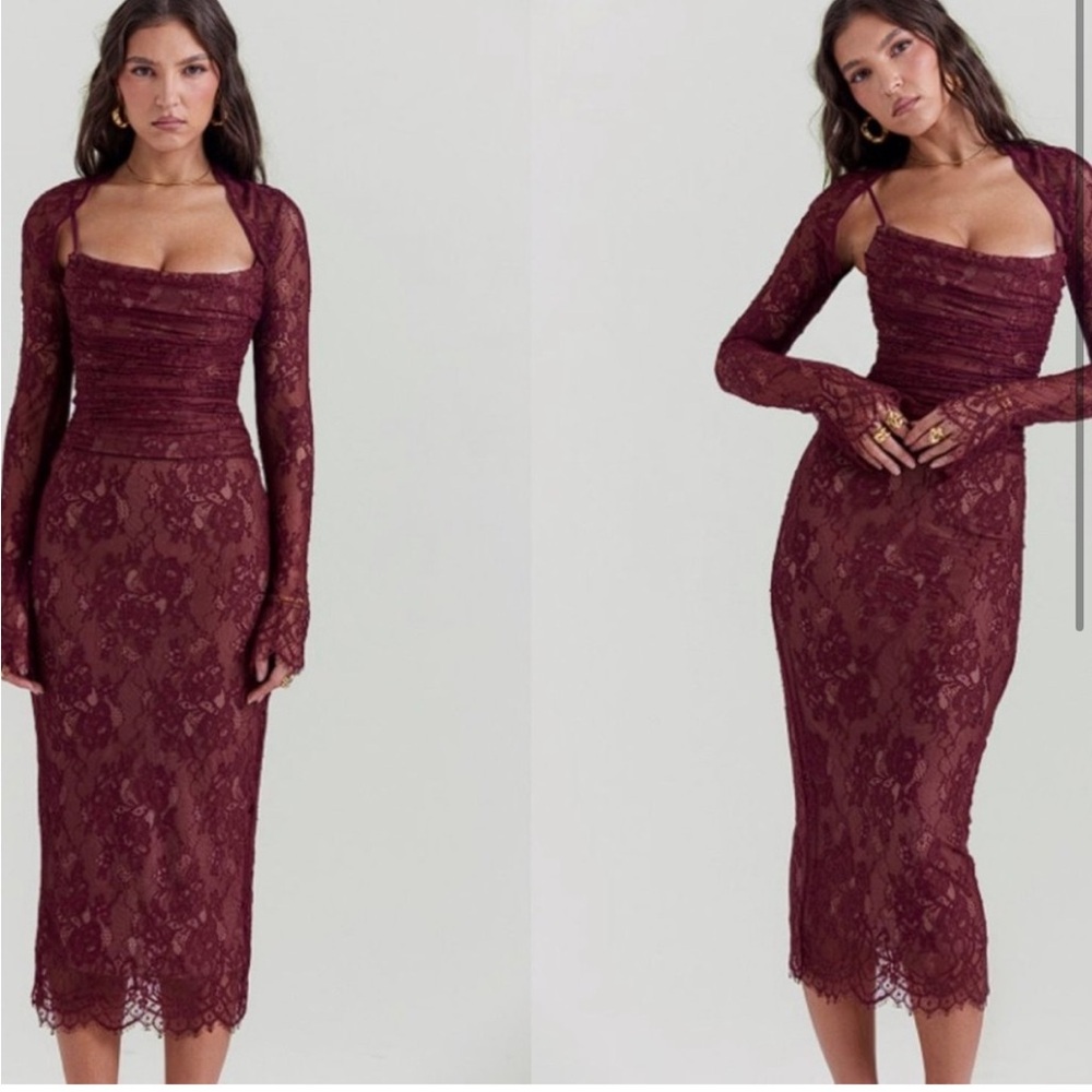 House of CB Gaia dress in burgundy color with shrug